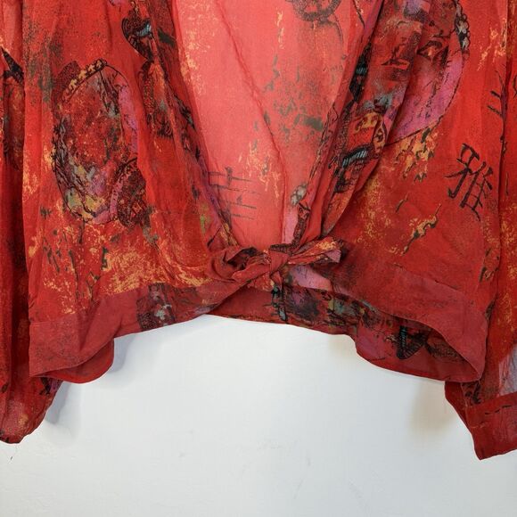 Chicos Womens Sz 1 M/8 Red Silk Asian Lantern Kimono Open Tie Front Blouse Top - Picture 6 of 12